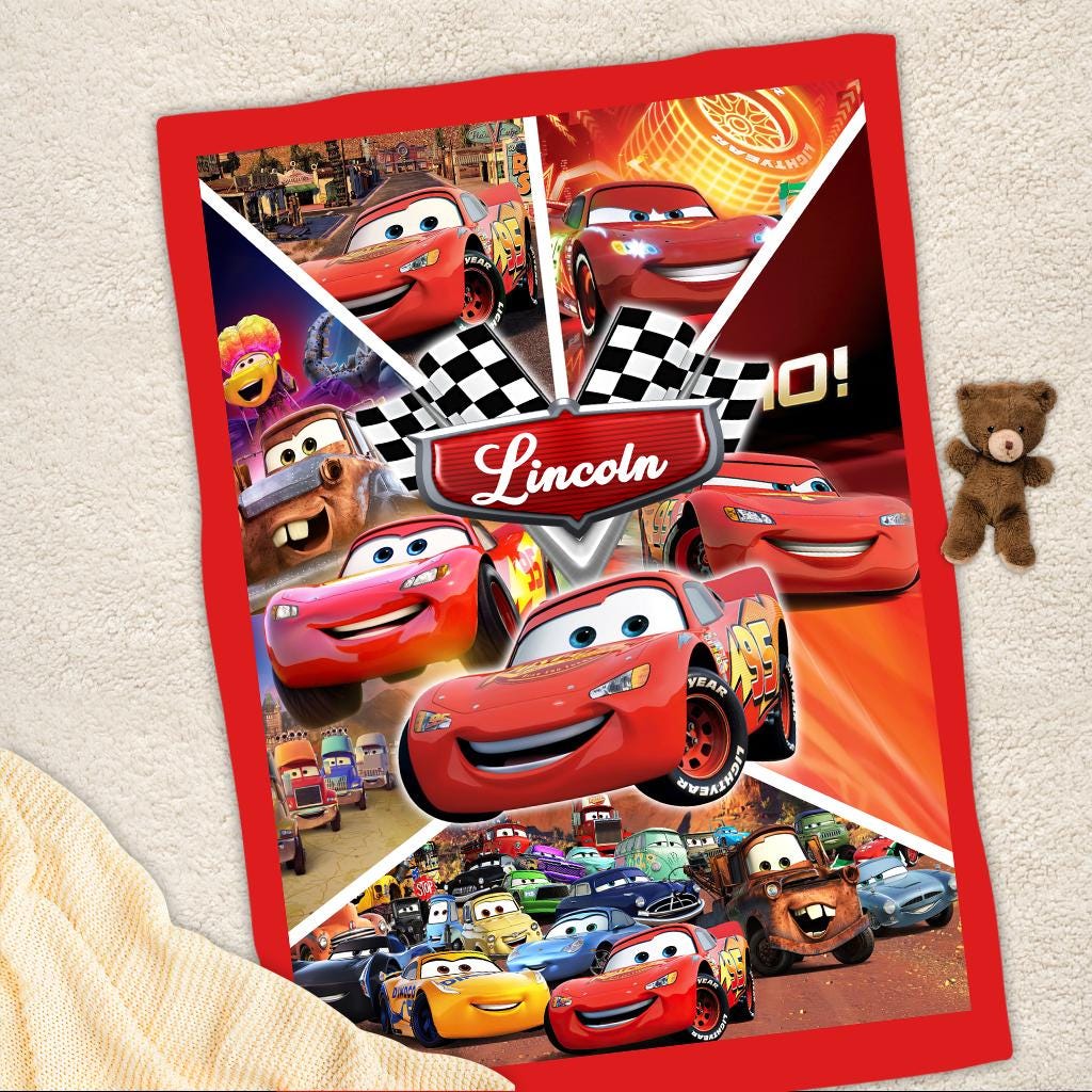 Personalized Lightning McQueen Blanket, Custom Name Disney Cars Fleece Blanket, Cute Kids Toddler Room Decor, Birthday Gift for Boy