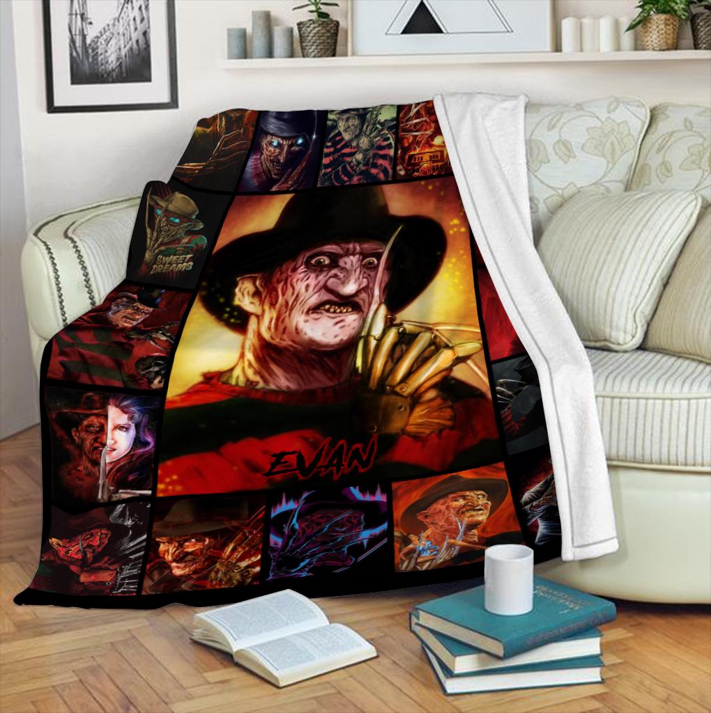 Personalized Halloween Horror Movie Fleece Blanket, Custom Freddy Krueger Blanket, Scary Movie Fleece , Spooky Birthday Present Cozy Blanket