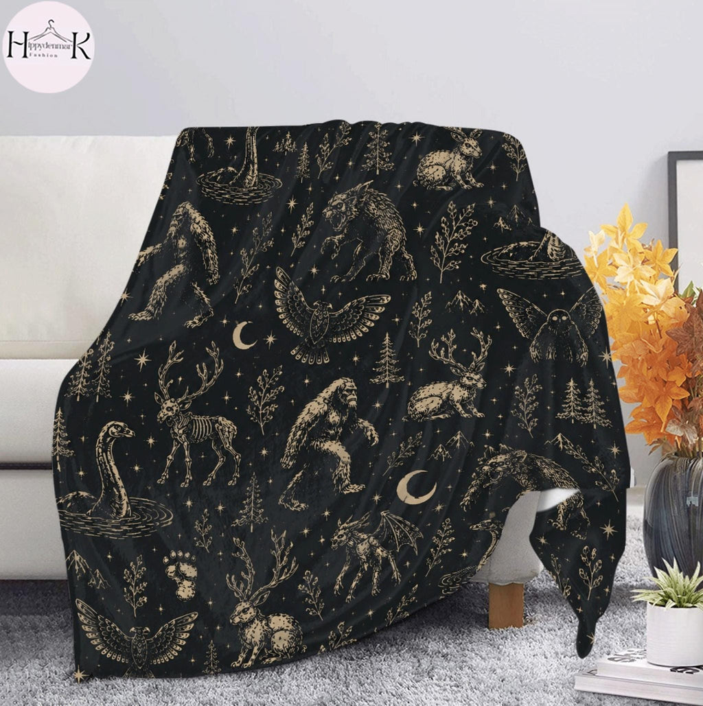 Cryptid Fleece Blanket | Bigfoot Mothman Loch Ness Throw Blanket | Dark Folklore Home Decor | Cozy Cabin Gift