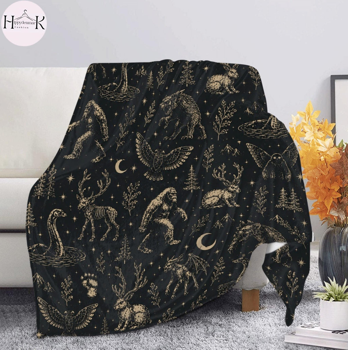 Cryptid Fleece Blanket | Bigfoot Mothman Loch Ness Throw Blanket | Dark Folklore Home Decor | Cozy Cabin Gift