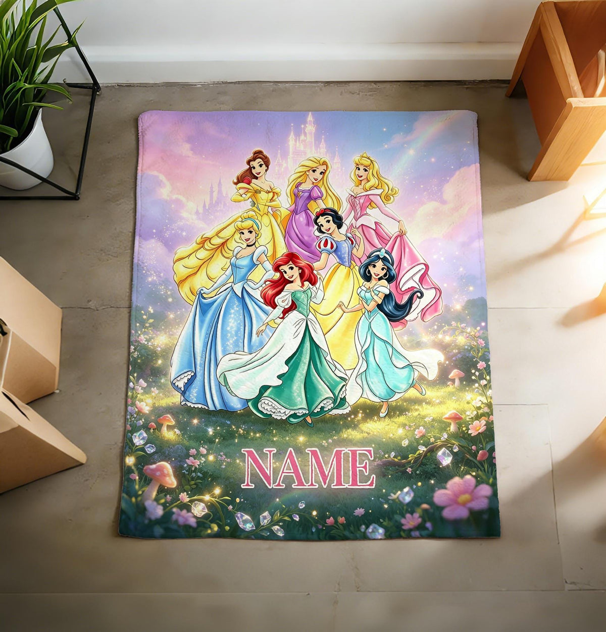 Princess Group Custom Name Blanket Soft Throw, Candy Rainbow Flannel Keepsake Gift For Girls