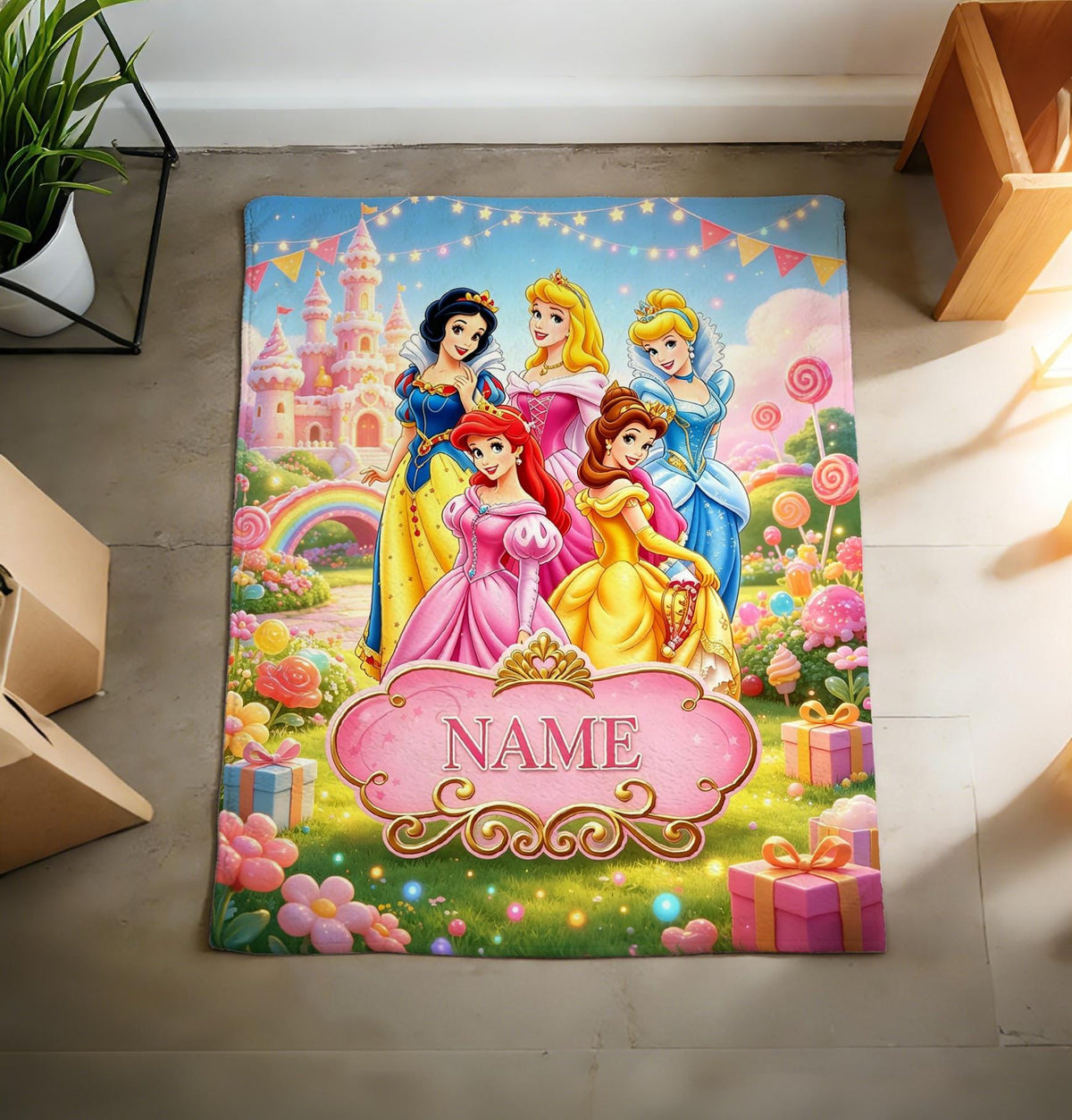 Princess Crew Custom Name Blanket Soft Throw, Candy Castle Flannel Keepsake Gift For Girls