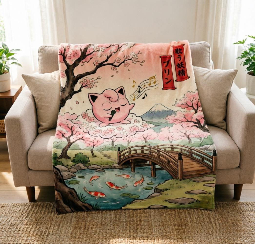 Ukiyo-e Cherry Blossom Jigglypuff Blanket Soft Throw, Mount Fuji Japanese Art Pokemon Fleece Throw, Teen Gamer Birthday Gift