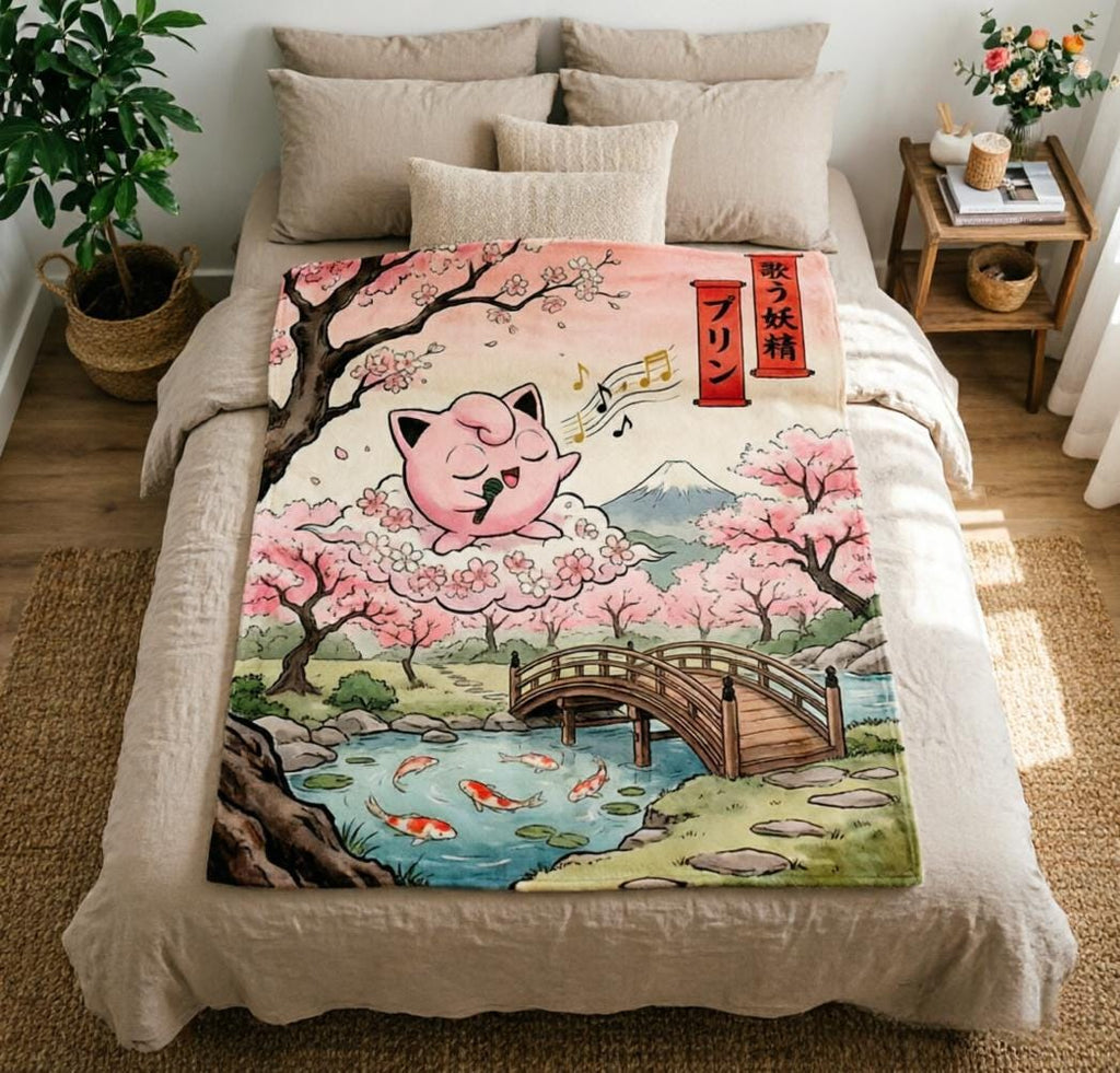 Ukiyo-e Cherry Blossom Jigglypuff Blanket Soft Throw, Mount Fuji Japanese Art Pokemon Fleece Throw, Teen Gamer Birthday Gift