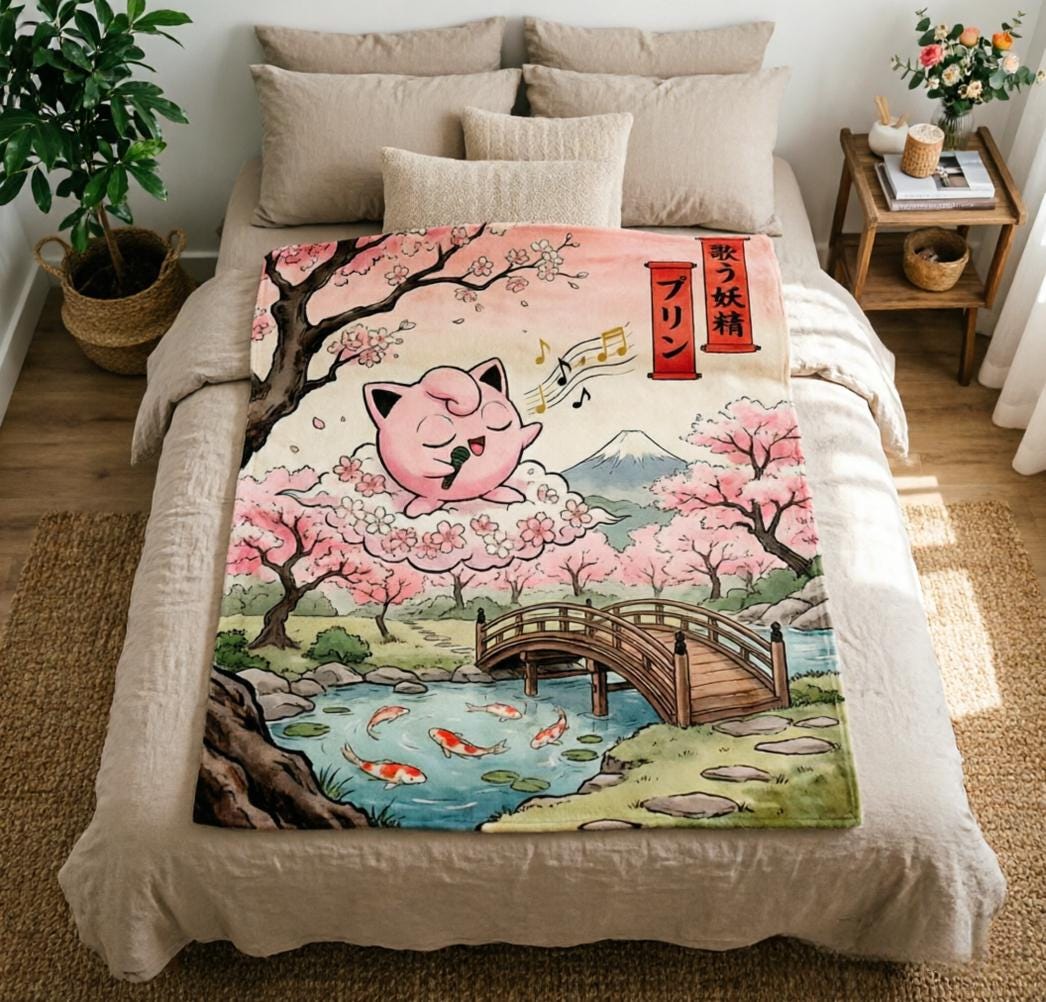 Ukiyo-e Cherry Blossom Jigglypuff Blanket Soft Throw, Mount Fuji Japanese Art Pokemon Fleece Throw, Teen Gamer Birthday Gift