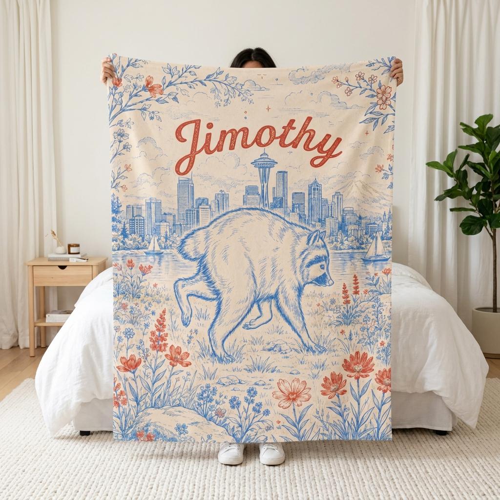 Personalized Jimothy Raccoon Blanket, Custom Name Seattle Skyline Flannel Throw, PNW Wildlife Lover Gifts, Cozy Kids Room & Bedding Decor