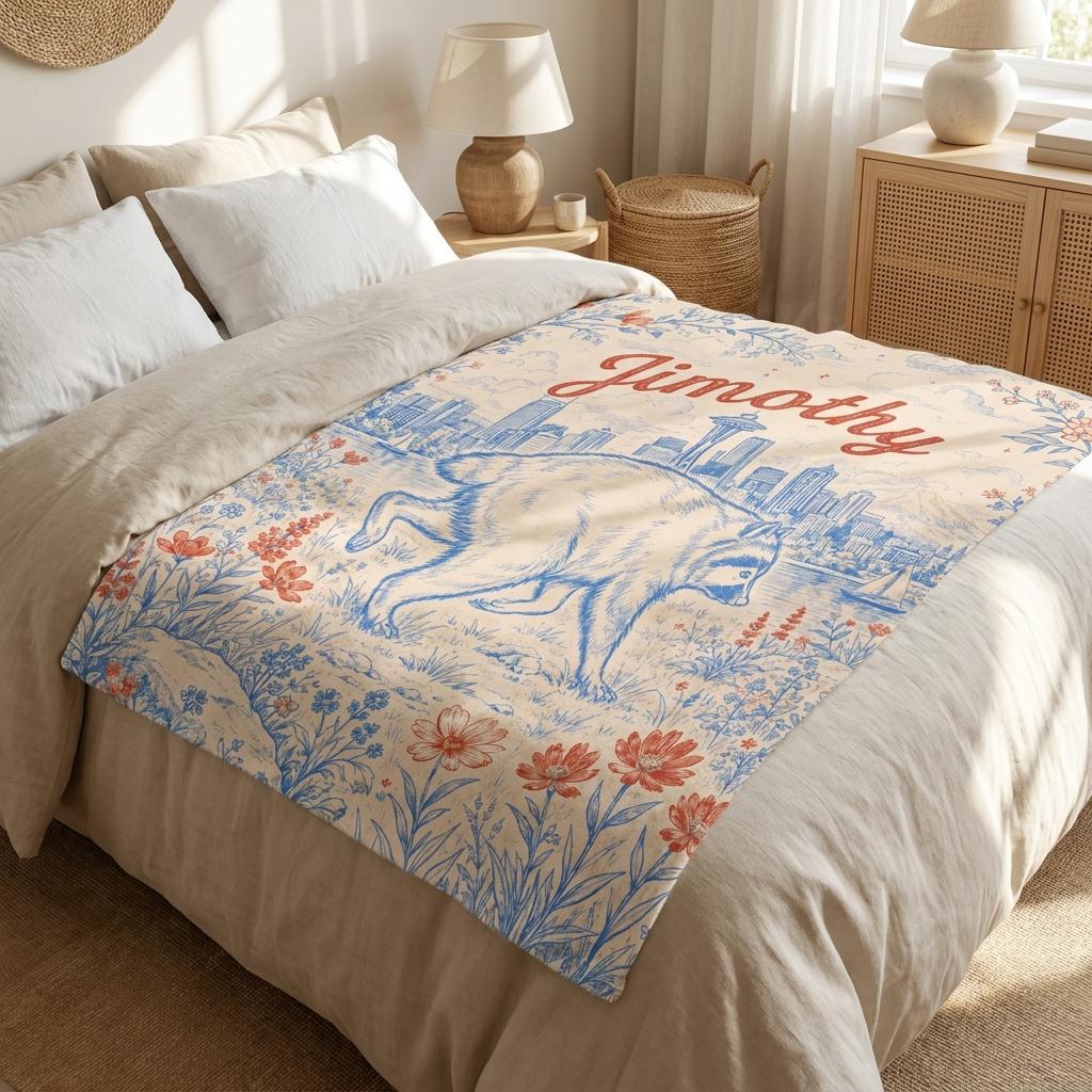 Personalized Jimothy Raccoon Blanket, Custom Name Seattle Skyline Flannel Throw, PNW Wildlife Lover Gifts, Cozy Kids Room & Bedding Decor