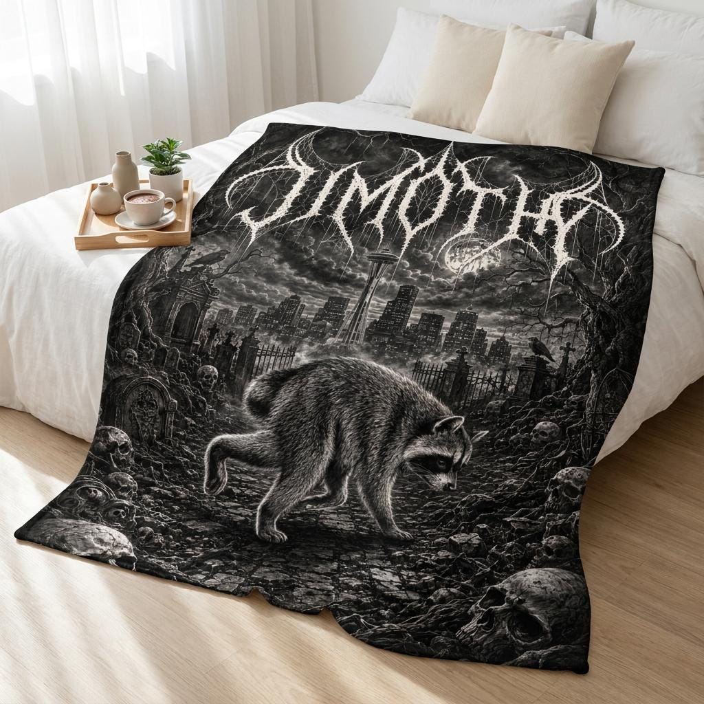 Custom Jimothy Raccoon Blanket, Gothic Black Metal Seattle Skyline Flannel Throw, Spooky Skull Graveyard Decor, Dark Aesthetic Room Gift