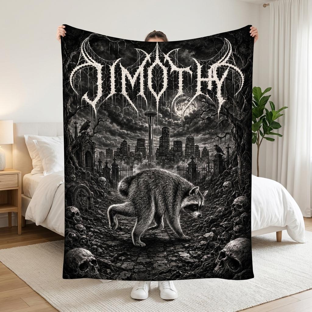Custom Jimothy Raccoon Blanket, Gothic Black Metal Seattle Skyline Flannel Throw, Spooky Skull Graveyard Decor, Dark Aesthetic Room Gift