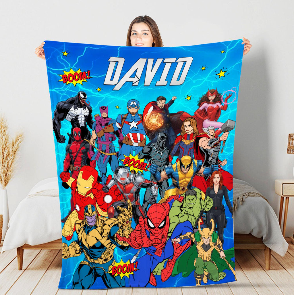 Custom Superhero Blanket, Personalized Comic Book Blanket, Avengers Fan Gift,Kids Birthday Gift,Marvel Avengers Bedroom Decor,Spiderman Hulk