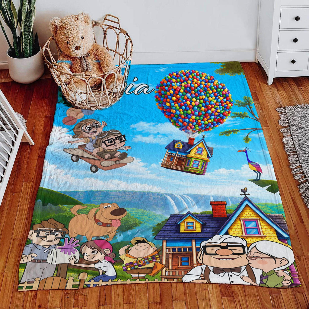Personalized Disney Pixar Up Movie Blanket, Custom Name Adventure House Balloon Throw Blanket, Carl Ellie Couple Gift Cute Cartoon Fleece
