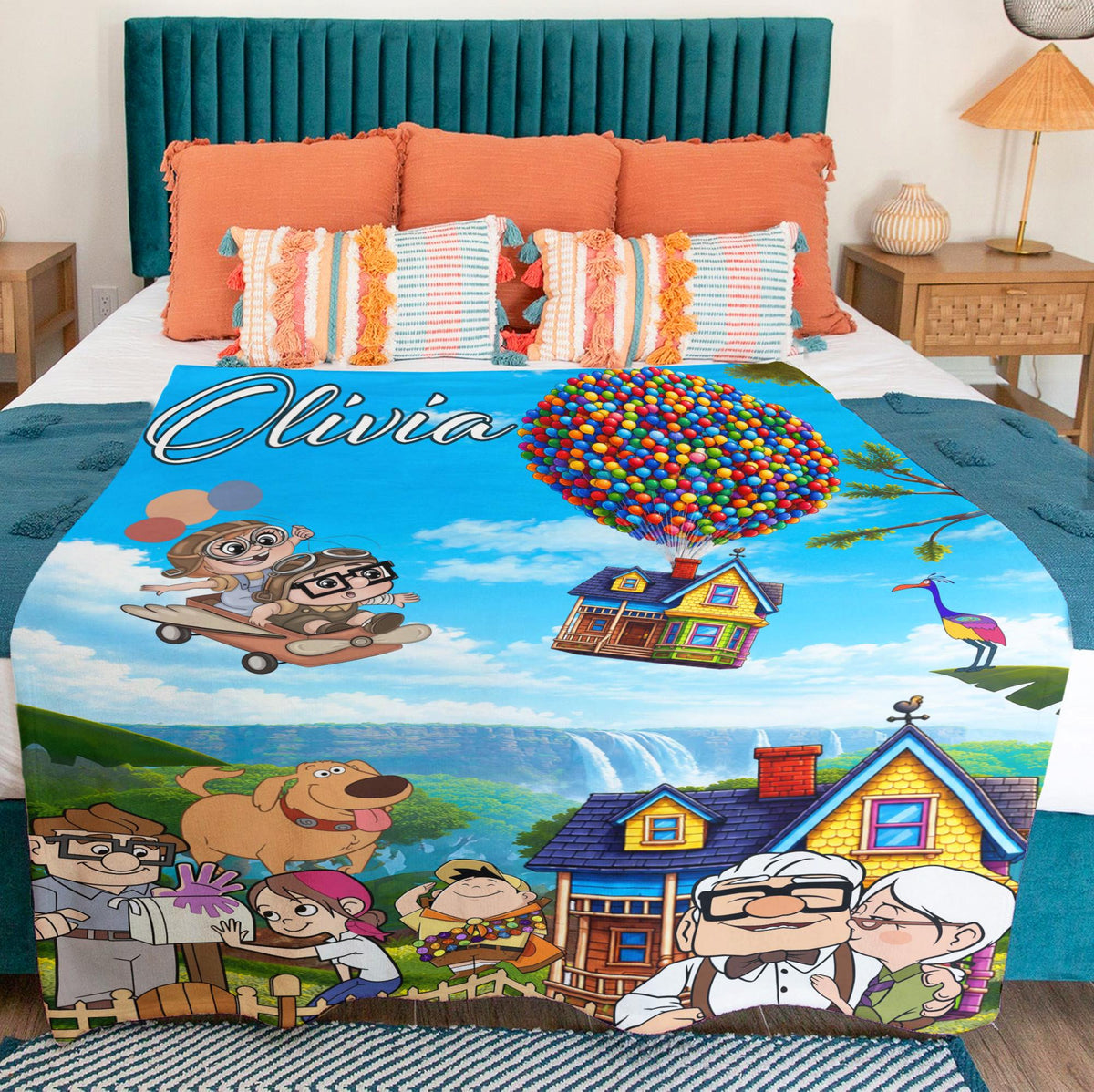 Personalized Disney Pixar Up Movie Blanket, Custom Name Adventure House Balloon Throw Blanket, Carl Ellie Couple Gift Cute Cartoon Fleece