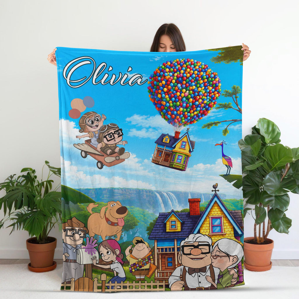 Personalized Disney Pixar Up Movie Blanket, Custom Name Adventure House Balloon Throw Blanket, Carl Ellie Couple Gift Cute Cartoon Fleece