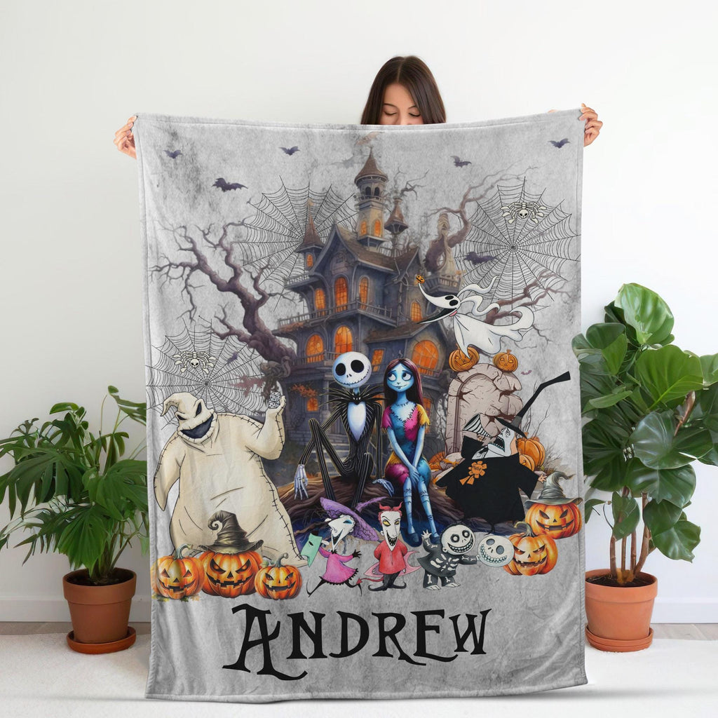 Custom Nightmare Before Christmas Blanket, Personalized Jack and Sally Throw Blanket, Halloween Decor, Cozy Pumpkin Ghoul Gift for Him Her