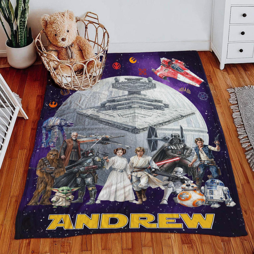 Personalized Star Wars Blanket, Custom Name Darth Vader Baby Yoda Fleece Throw, Galaxy Space Birthday Boy Gift, Kids Room Decor Cozy Blanket
