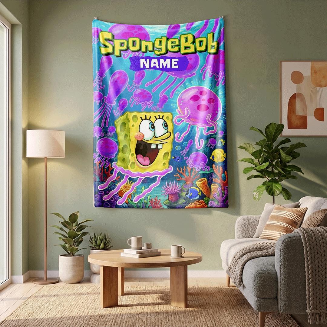 Vibrant Ocean Art SpongeBob SquarePants Custom Name Fleece Blanket Underwater Cartoon Throw Kids Room Decor Fun Jellyfish Boy Gift