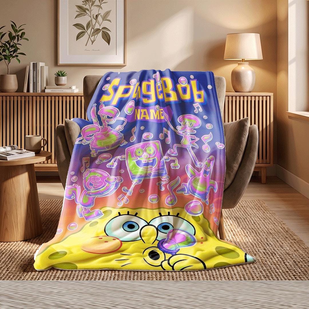 Playful Teenager Gift SpongeBob And Friends Neon Pop Custom Name Throw Glowing Bubble Musical Bedding Retro Room Decor Blanket