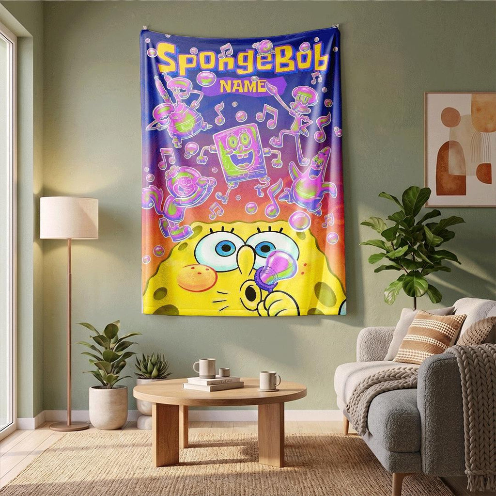 Playful Teenager Gift SpongeBob And Friends Neon Pop Custom Name Throw Glowing Bubble Musical Bedding Retro Room Decor Blanket