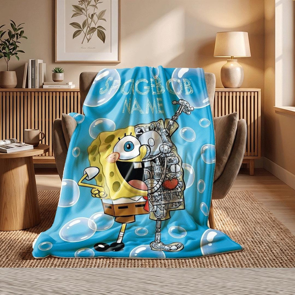 Cool Mechanical Design SpongeBob Custom Fleece Blanket Half Robot Cartoon Sci Fi Bedding Geeky Room Decor Unique Heart Art Gift