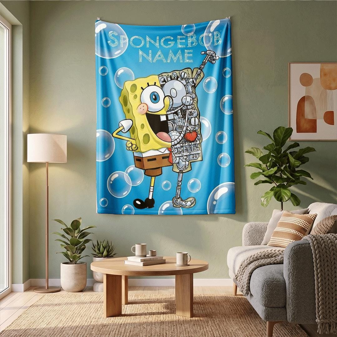 Cool Mechanical Design SpongeBob Custom Fleece Blanket Half Robot Cartoon Sci Fi Bedding Geeky Room Decor Unique Heart Art Gift