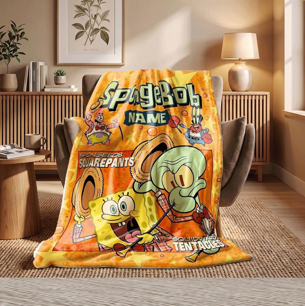Nostalgic Fan Gift SpongeBob And Squidward Name Throw Vintage Comic Vibe Retro Musical Duo Blanket Orange Star Aesthetic Bedding