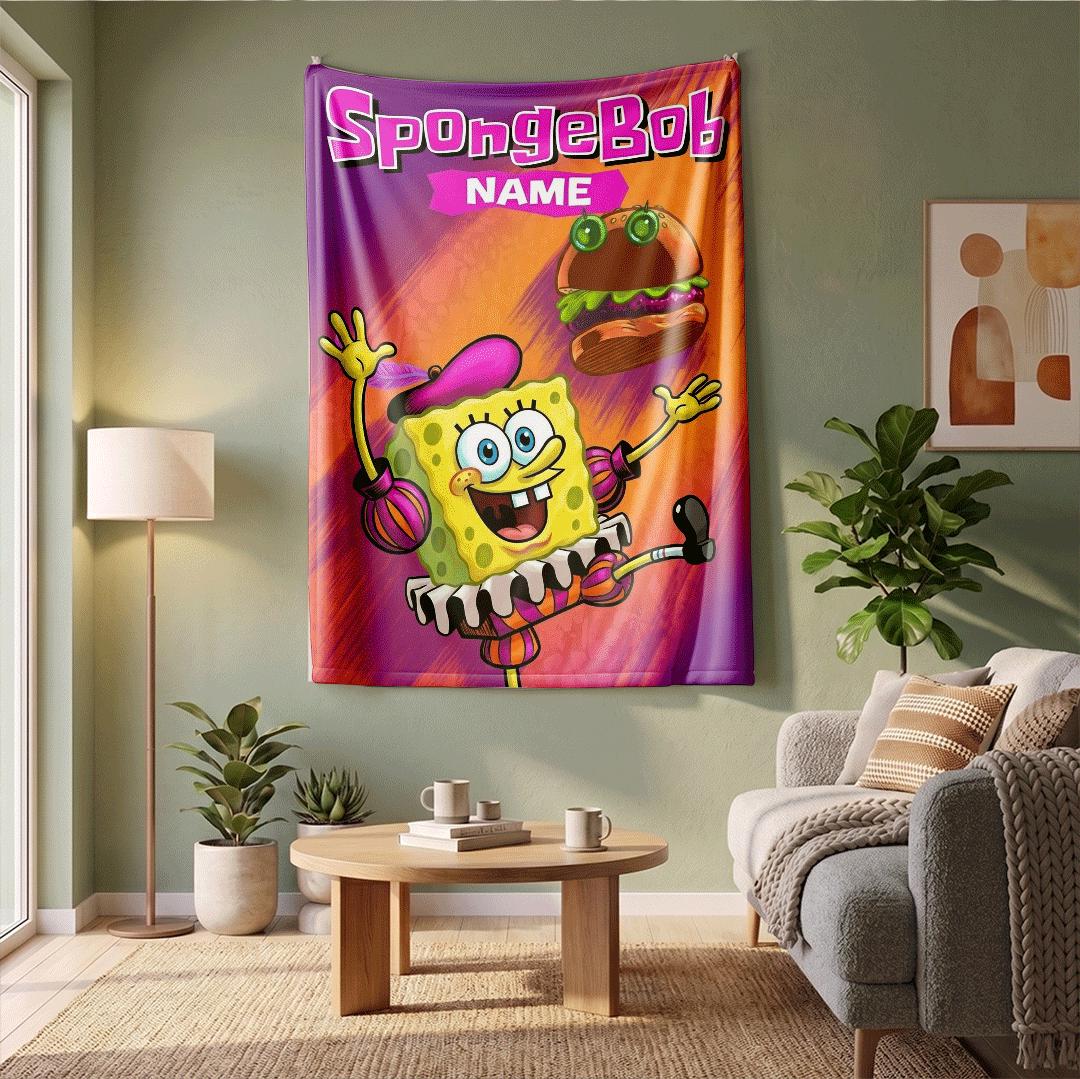 Quirky Renaissance SpongeBob Custom Name Blanket Monster Krabby Patty Art Cartoon Fleece Throw Fun Theatrical Bedroom Decor