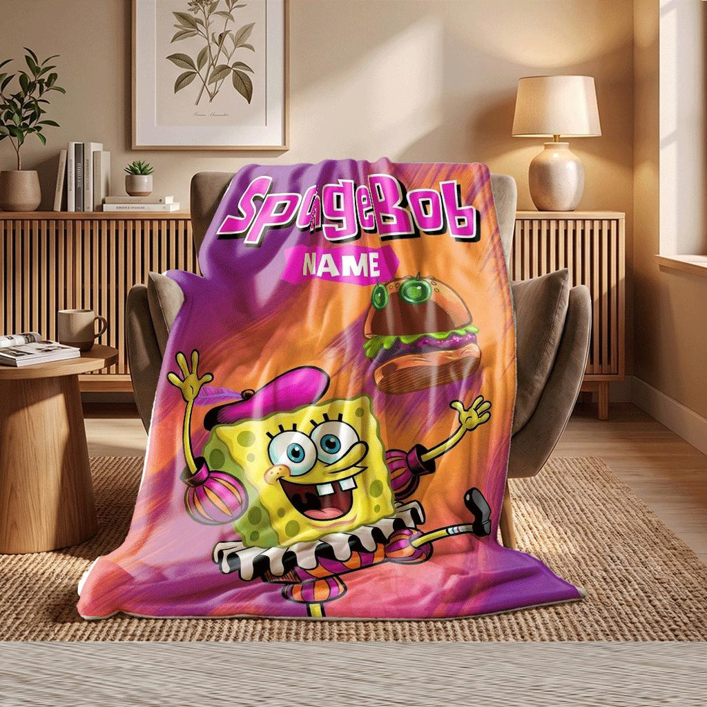 Quirky Renaissance SpongeBob Custom Name Blanket Monster Krabby Patty Art Cartoon Fleece Throw Fun Theatrical Bedroom Decor