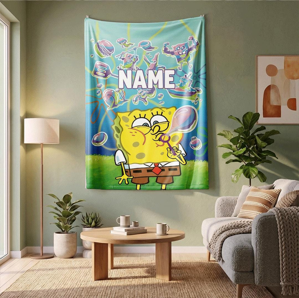 Dreamy Bubble Art SpongeBob SquarePants Personalized Throw Neon Friends Outline Bedding Nostalgic Cartoon Fan Custom Fleece Blanket