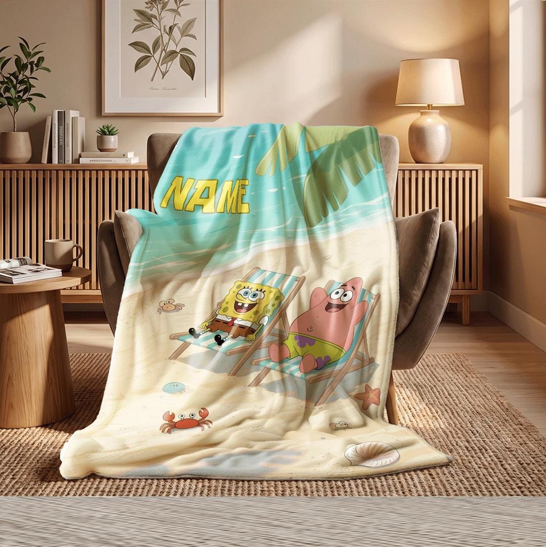 Summer Vacation Vibe SpongeBob And Patrick Custom Name Blanket Tropical Beach Chair Decor Relaxing Ocean Theme Bedding Boy Girl Gift