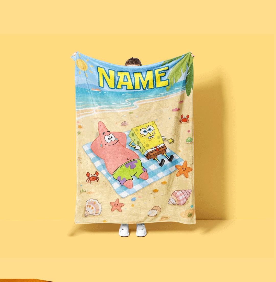 Sunny Beach Picnic SpongeBob SquarePants Personalized Throw Best Friends Sunbathing Art Cute Summer Nursery Blanket Kids Room Decor