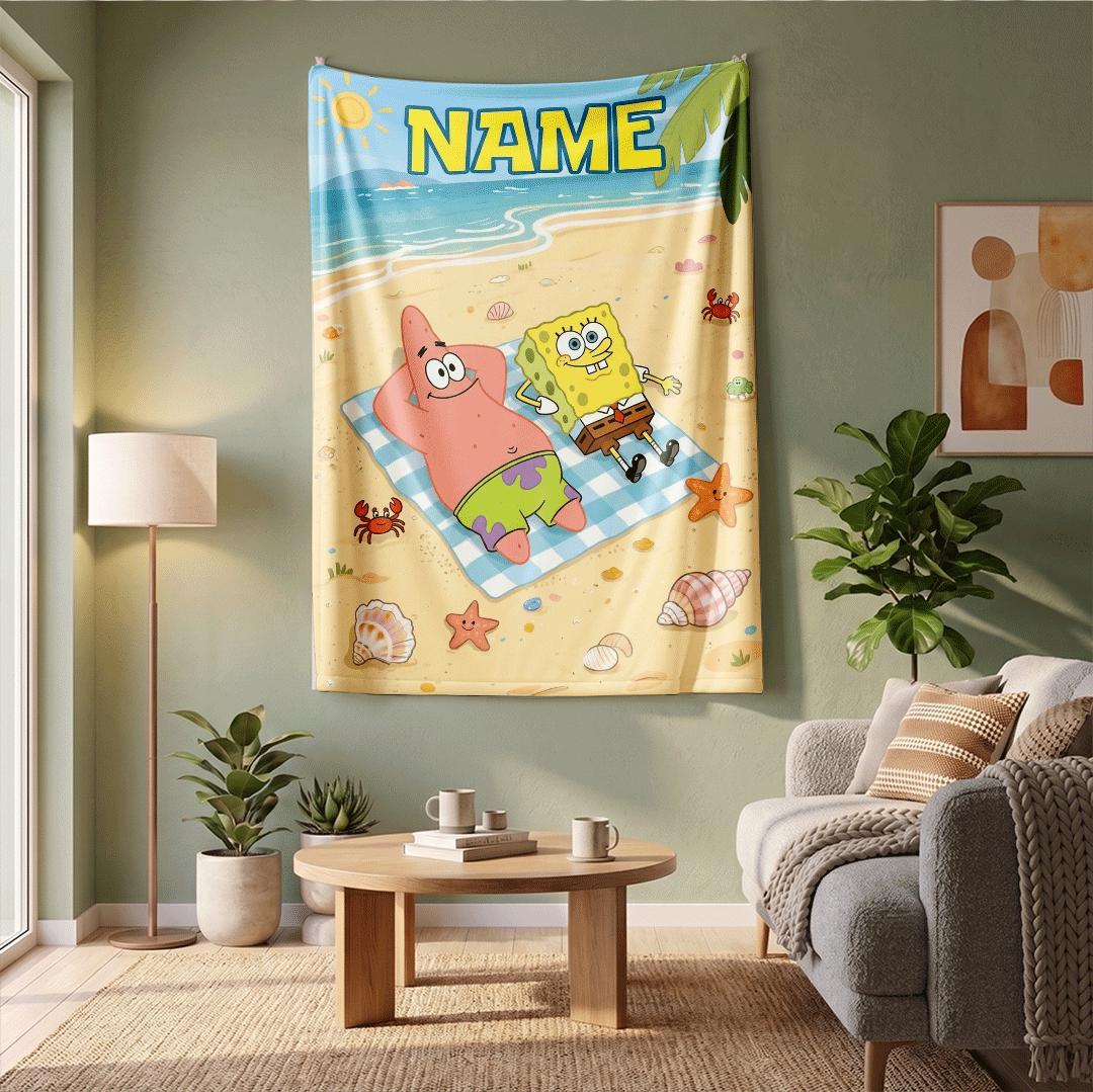 Sunny Beach Picnic SpongeBob SquarePants Personalized Throw Best Friends Sunbathing Art Cute Summer Nursery Blanket Kids Room Decor