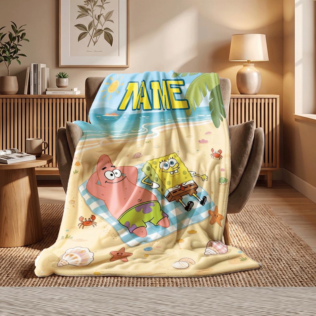 Sunny Beach Picnic SpongeBob SquarePants Personalized Throw Best Friends Sunbathing Art Cute Summer Nursery Blanket Kids Room Decor