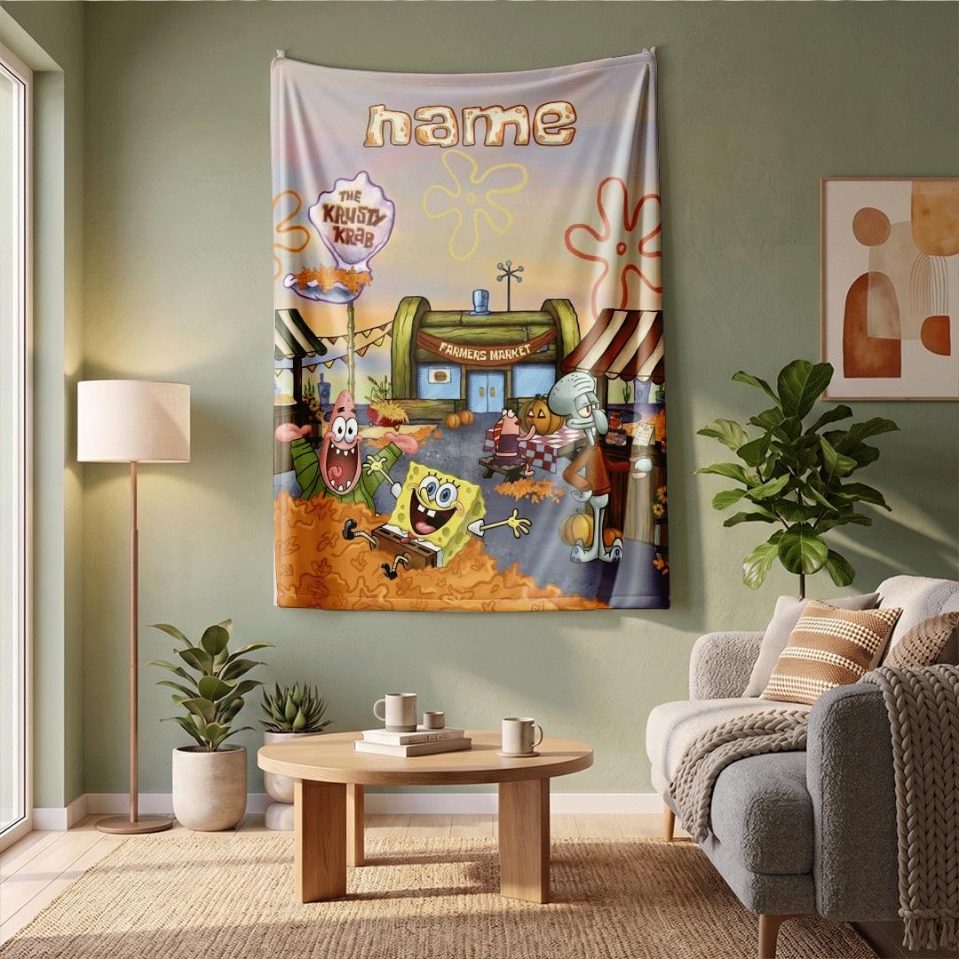 Cozy Autumn Harvest SpongeBob Custom Blanket Krusty Krab Farmers Market Throw Fall Season Leaves Bedding Squidward Patrick Fan Gift