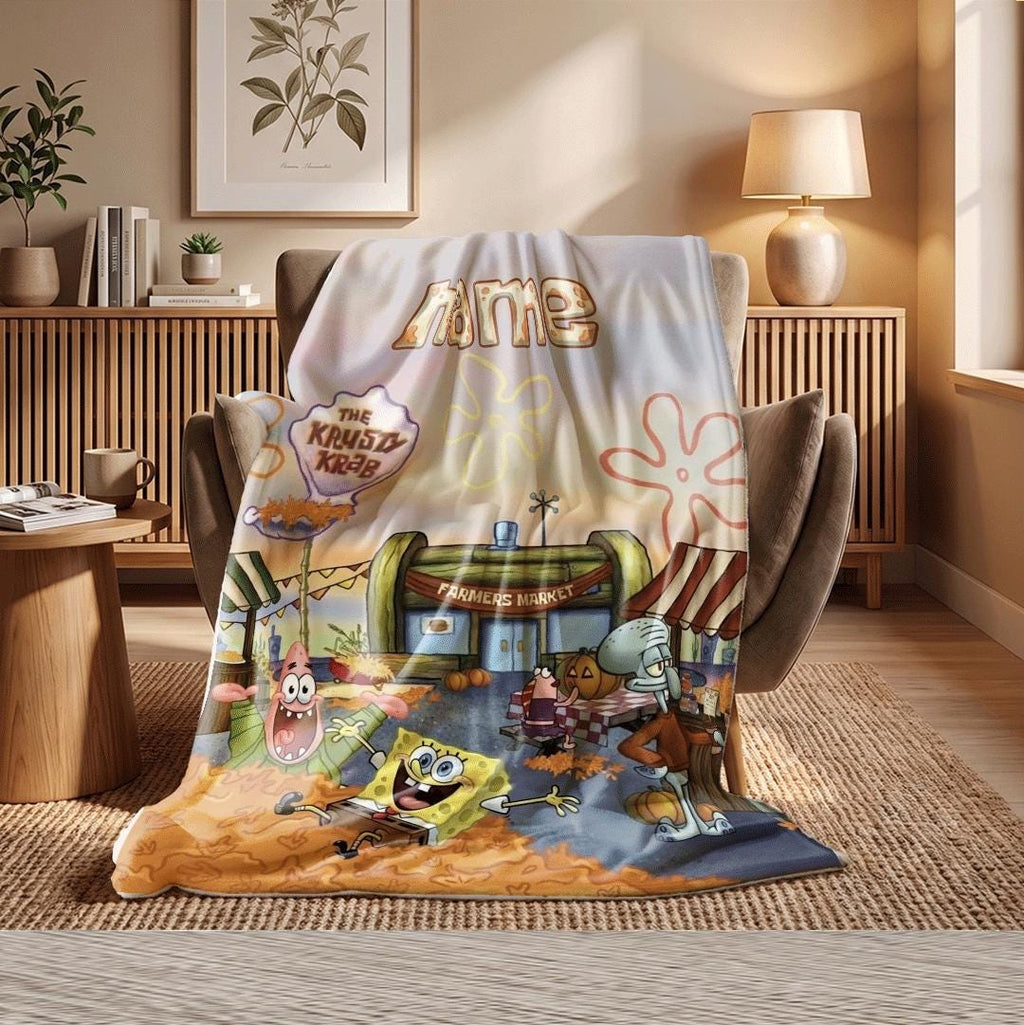Cozy Autumn Harvest SpongeBob Custom Blanket Krusty Krab Farmers Market Throw Fall Season Leaves Bedding Squidward Patrick Fan Gift