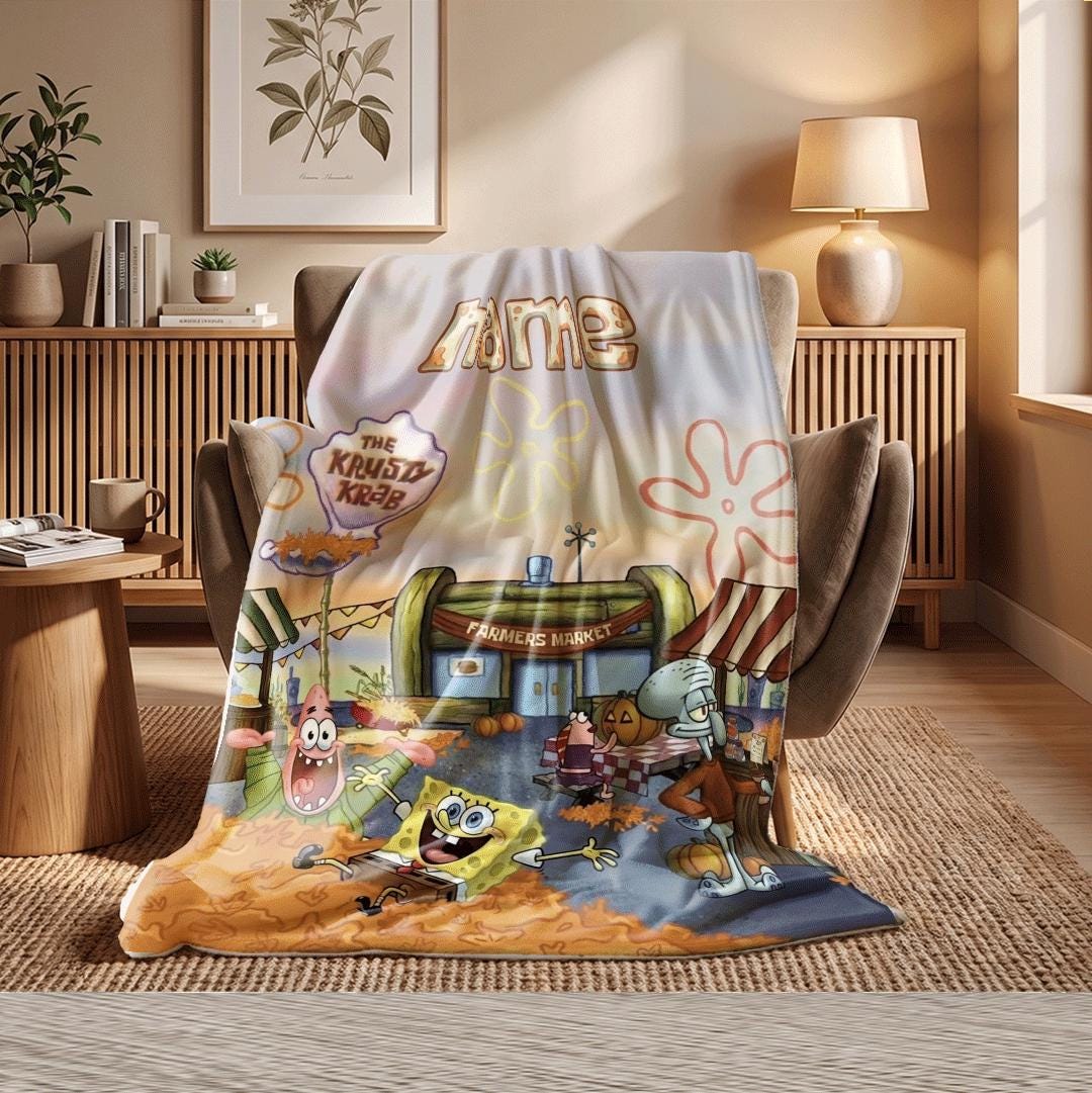 Cozy Autumn Harvest SpongeBob Custom Blanket Krusty Krab Farmers Market Throw Fall Season Leaves Bedding Squidward Patrick Fan Gift