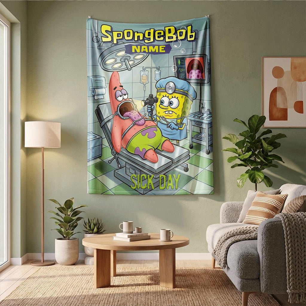 Funny Medical Theme SpongeBob Blanket Custom Name Doctor Examining Patrick Star Throw Sick Day Cartoon Gift Get Well Soon Bedding