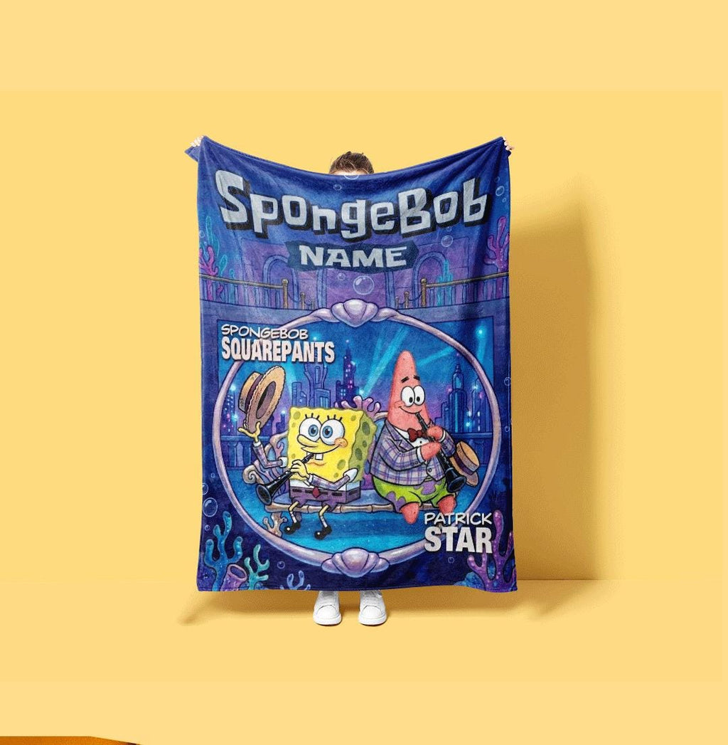 Elegant Musical Duo SpongeBob SquarePants Personalized Name Blanket Patrick Star Clarinet Art Throw Classic Cartoon Fan Best Friend Gift