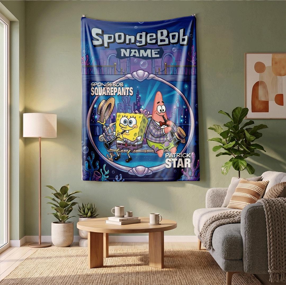 Elegant Musical Duo SpongeBob SquarePants Personalized Name Blanket Patrick Star Clarinet Art Throw Classic Cartoon Fan Best Friend Gift