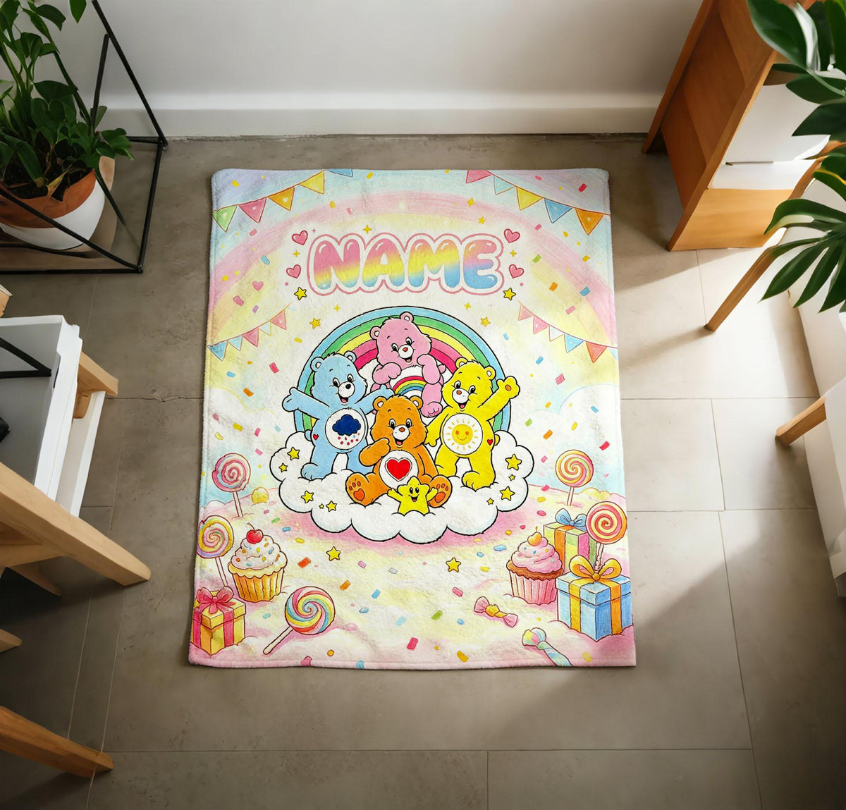 Personalized Care Bears Blanket, Custom Name Flannel Throw, Rainbow Hot Air Balloon Scene