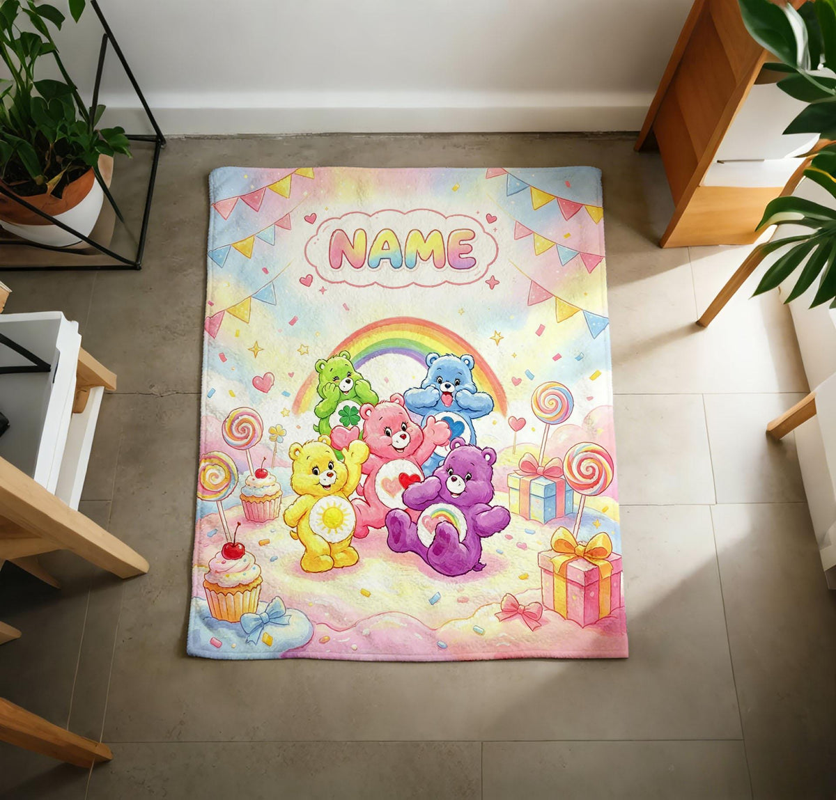 Care Bears Candy Party Flannel Blanket, Custom Name Kids Throw, Soft Nursery Bedding