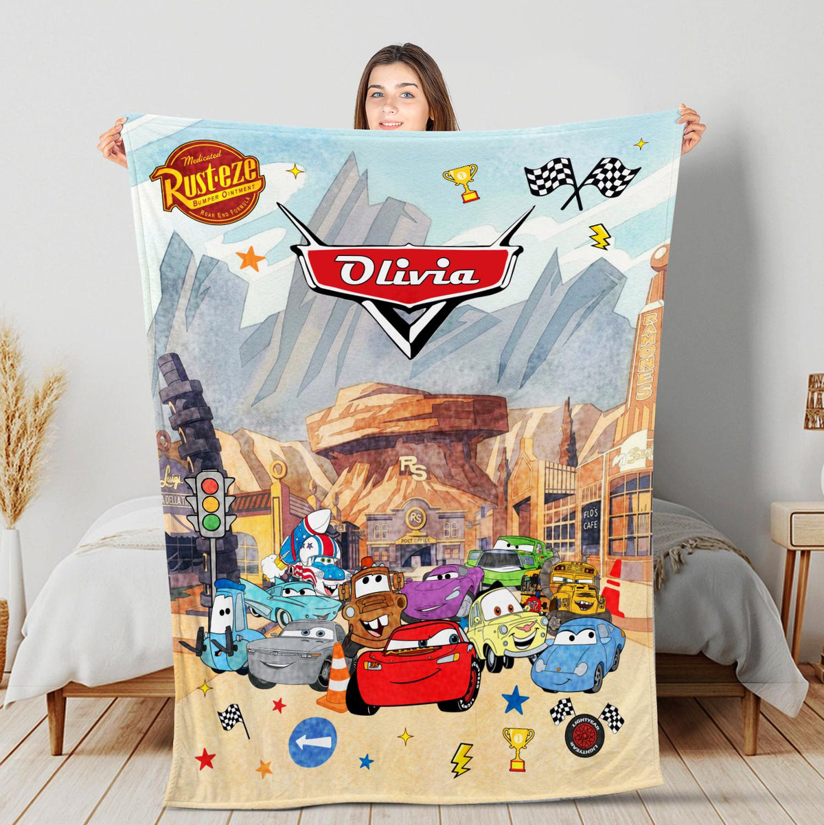 Personalized Disney Cars Blanket, Custom Name Lightning McQueen Throw, Pixar Cars Birthday Gift for Kids, Radiator Springs Toddler Bedding