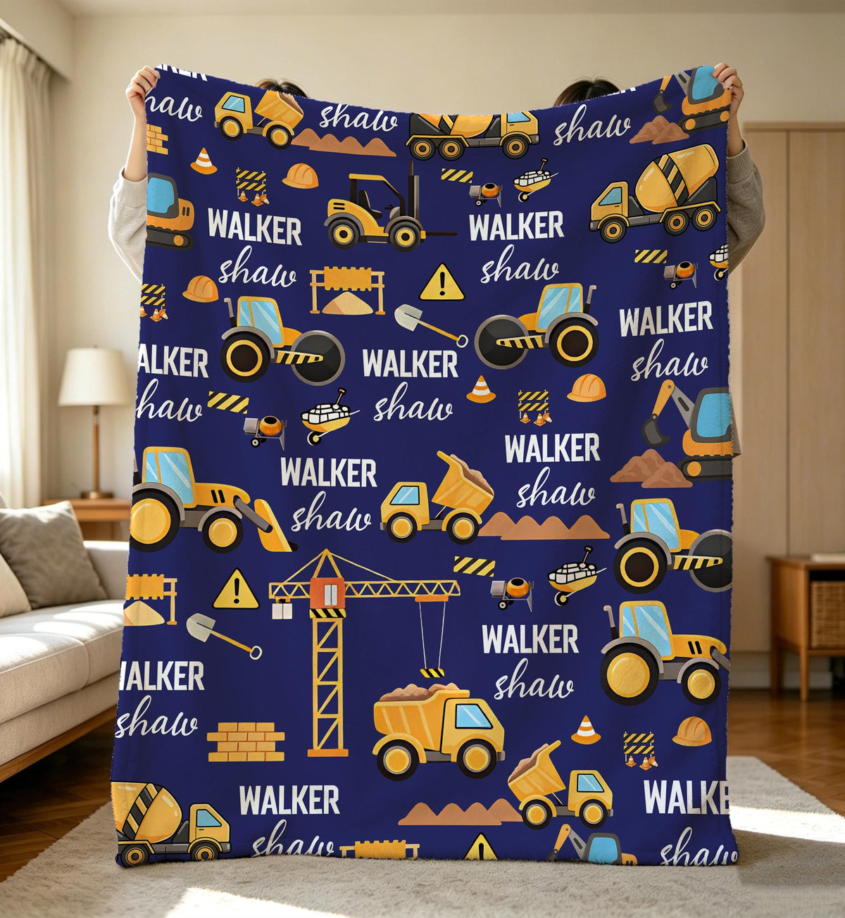 Construction Truck Baby Name Blanket,Soft Flannel,Custom Nursery Decor With Dump Truck Tractor Excavator,Baby Shower Gifts,Birthday Present