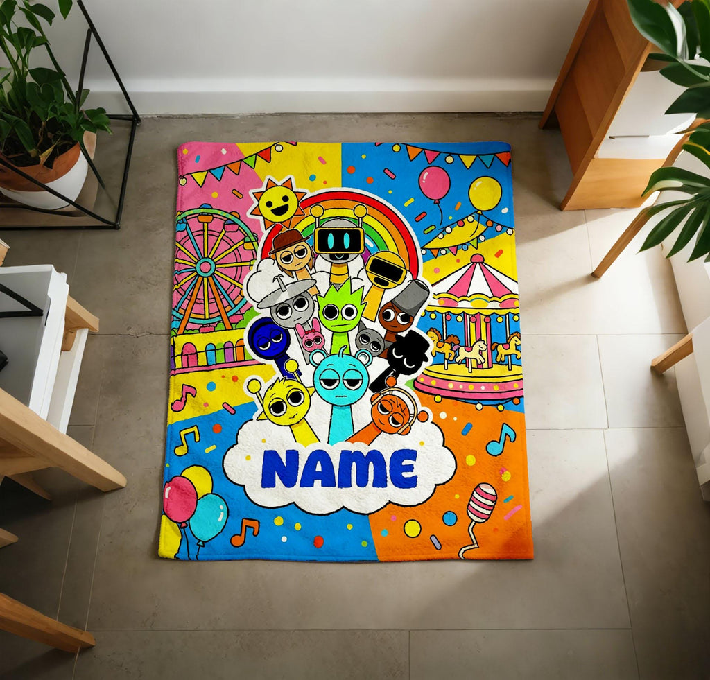 Personalized Sprunki Blanket Soft Throw, Custom Name Cartoon Character Fleece Throw, Kids Birthday Gift