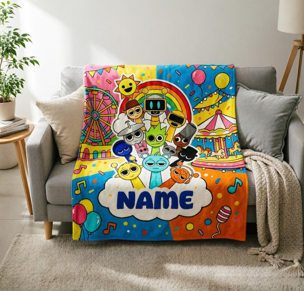 Personalized Sprunki Blanket Soft Throw, Custom Name Cartoon Character Fleece Throw, Kids Birthday Gift