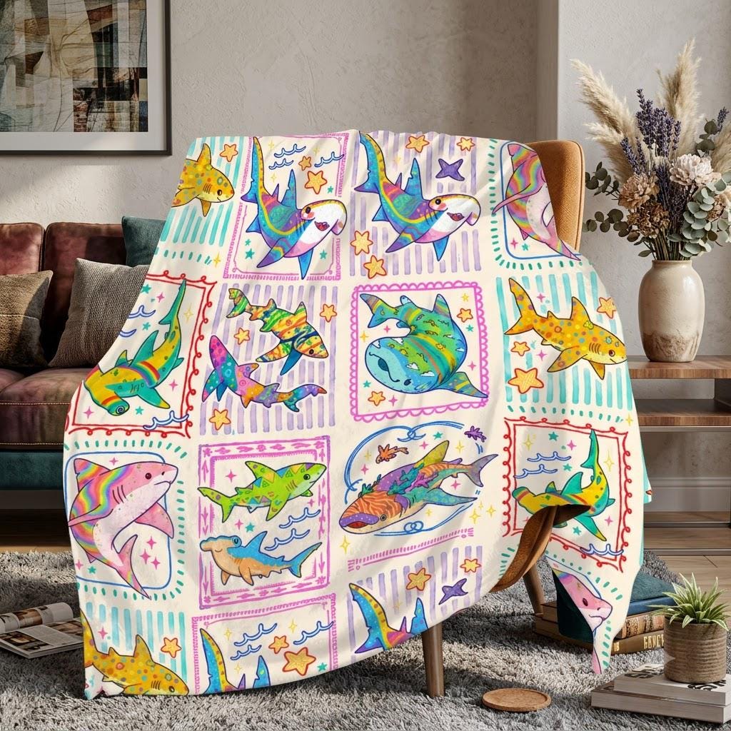Vintage Shark Fleece Blanket, Tropical Ocean Throw Blanket, Coastal Beach Marine Life Decor, Shark Lover Gift