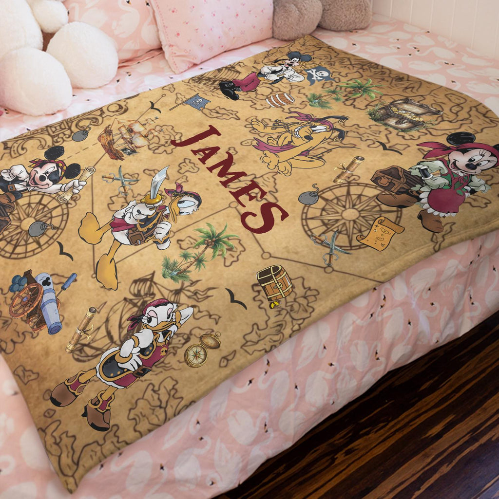 Custom Disney Pirate Blanket, Personalized Mickey Minnie Treasure Map Pirate Night Gift,Custom Name Fleece Blanket Kids Birthday Disney Trip