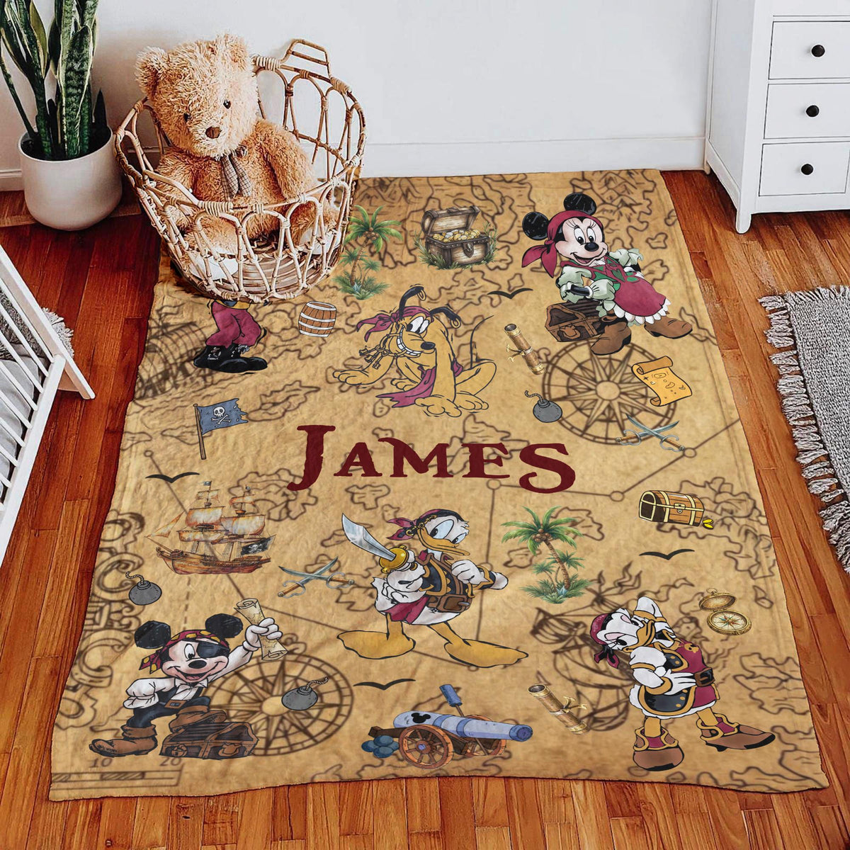 Custom Disney Pirate Blanket, Personalized Mickey Minnie Treasure Map Pirate Night Gift,Custom Name Fleece Blanket Kids Birthday Disney Trip