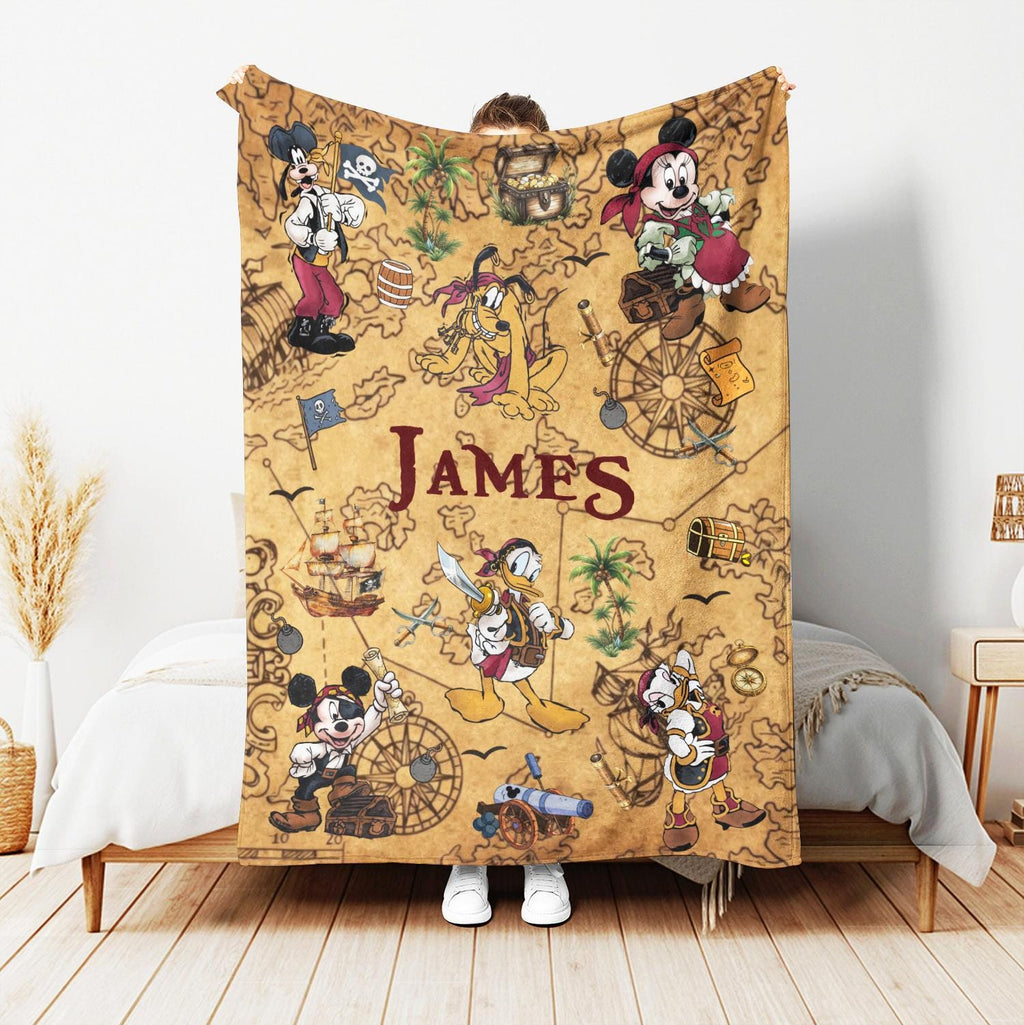 Custom Disney Pirate Blanket, Personalized Mickey Minnie Treasure Map Pirate Night Gift,Custom Name Fleece Blanket Kids Birthday Disney Trip