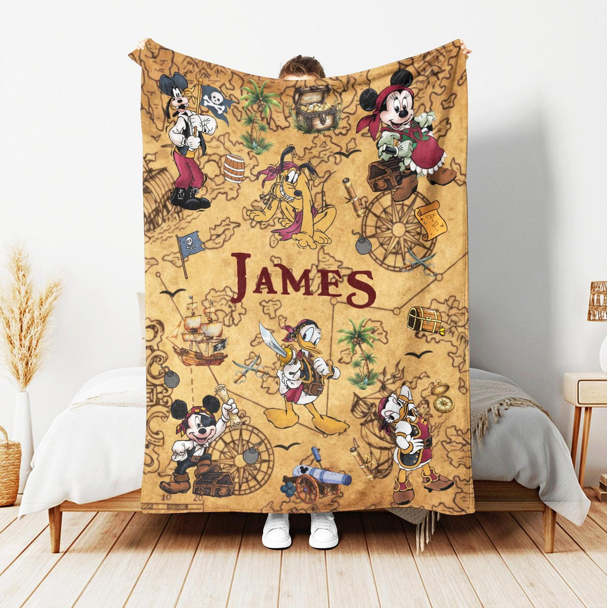 Custom Disney Pirate Blanket, Personalized Mickey Minnie Treasure Map Pirate Night Gift,Custom Name Fleece Blanket Kids Birthday Disney Trip