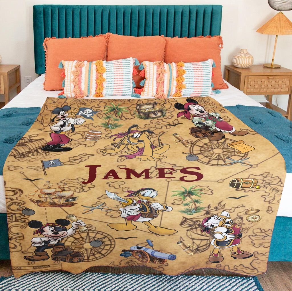 Custom Disney Pirate Blanket, Personalized Mickey Minnie Treasure Map Pirate Night Gift,Custom Name Fleece Blanket Kids Birthday Disney Trip